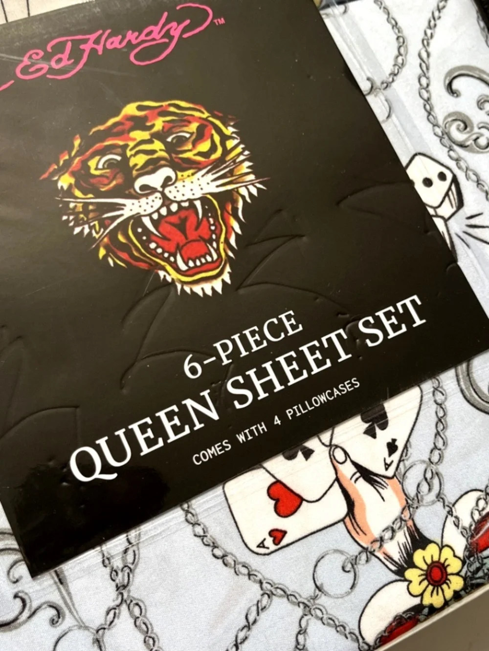Ed Hardy Queen Sheet Set Skull Poker Cards Dice Blue 6pc Bedding NWT
